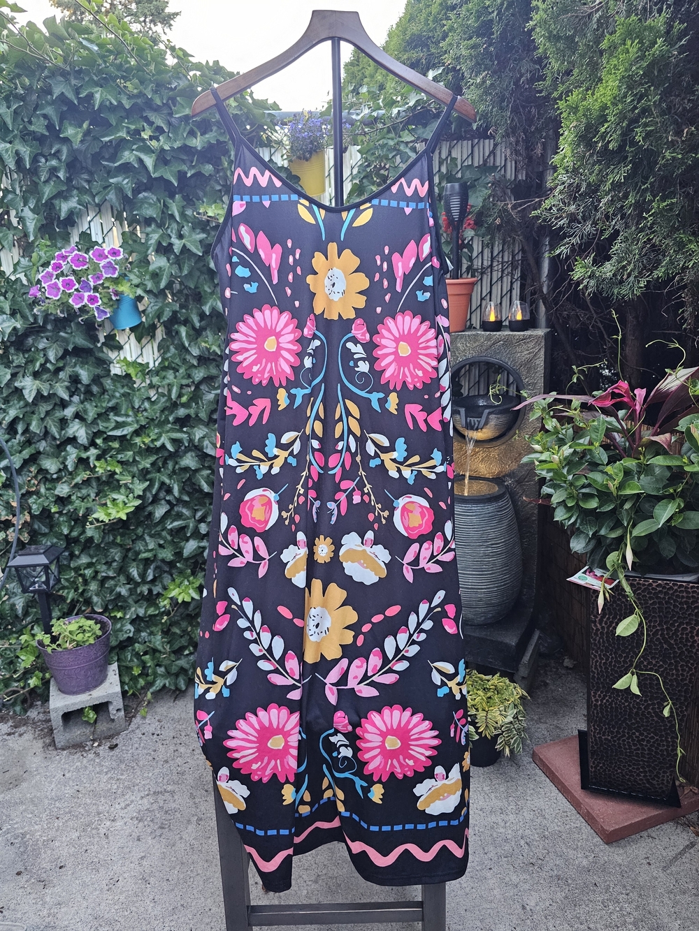 SHEIN Black Floral Slip Dress with Pink, Yellow & Blue Accents